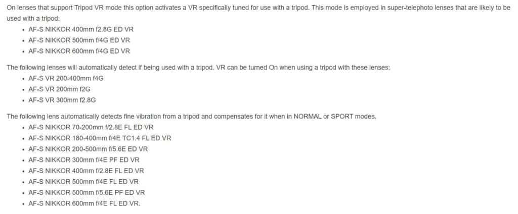 Nikon VR Tripod Detection Lenses