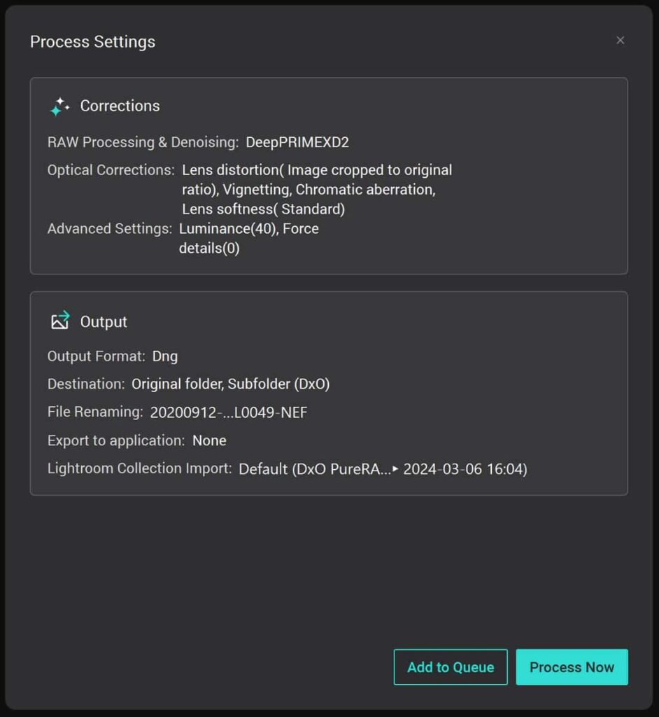 DxO PureRAW4 Process Settings