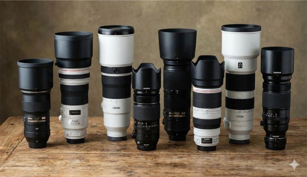 Table with Wildlife Zoom and prime lenses